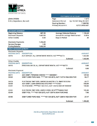 Download Burundi Bank of Africa bank statement word